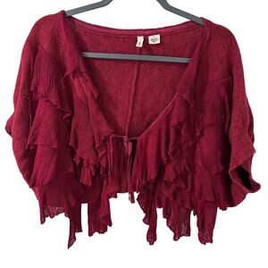 MOTH Wool Blend Red Ruffle Sweater Bohemian Wrap Open Cardigan Size M/L
